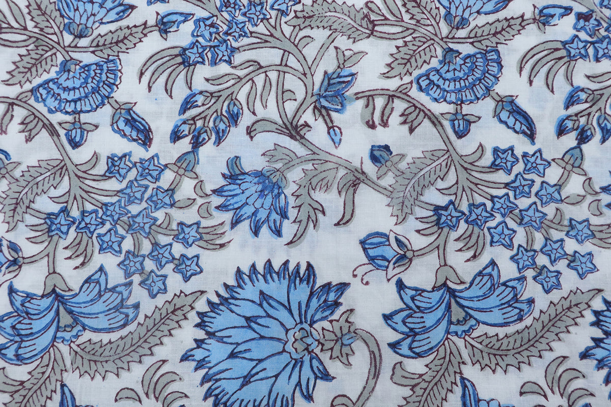 Blue and White block print floral fabric, 100% linen fabric by the yard, pure cotton block print fabric by the meter