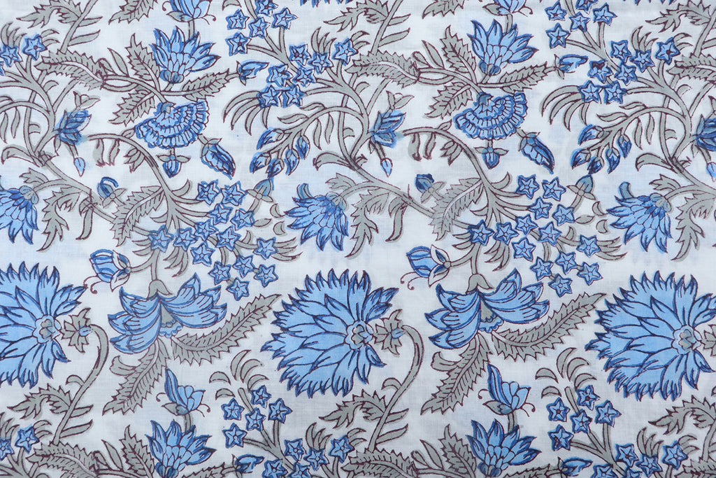 Blue and White block print floral fabric, 100% linen fabric by the yard, pure cotton block print fabric by the meter