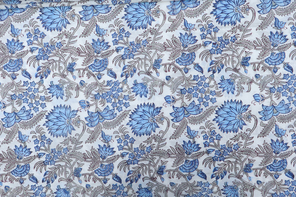 Blue and White block print floral fabric, 100% linen fabric by the yard, pure cotton block print fabric by the meter