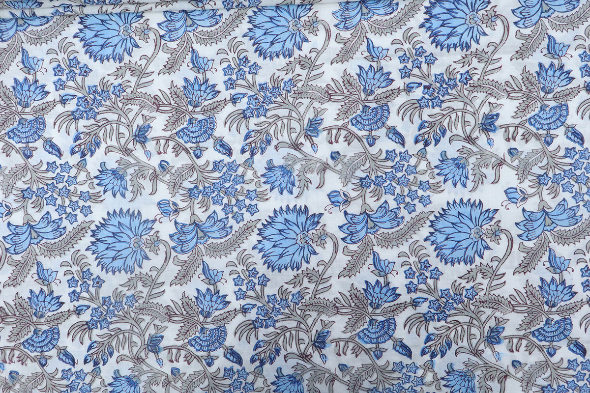 Blue and White block print floral fabric, 100% linen fabric by the yard, pure cotton block print fabric by the meter