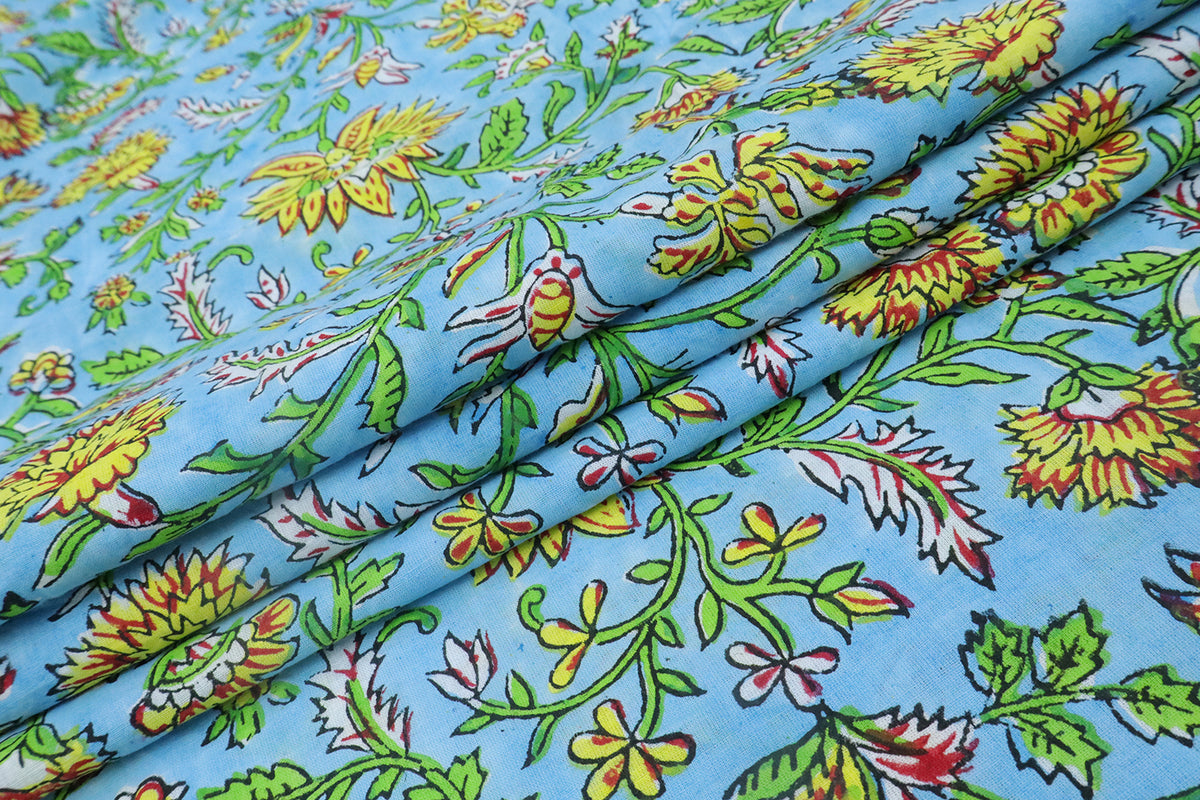 Blue and Yellow block print floral fabric, 100% linen fabric by the yard, pure cotton block print fabric by the meter