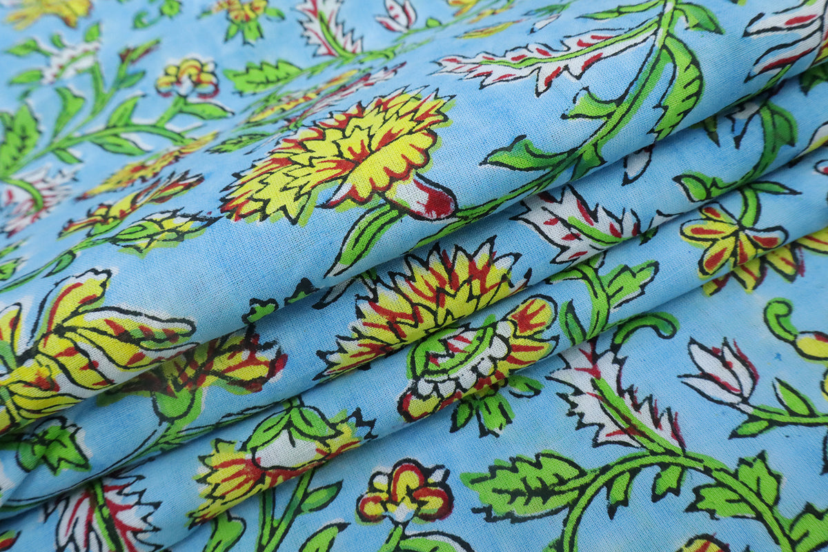 Blue and Yellow block print floral fabric, 100% linen fabric by the yard, pure cotton block print fabric by the meter