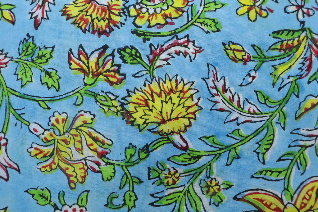 Blue and Yellow block print floral fabric, 100% linen fabric by the yard, pure cotton block print fabric by the meter
