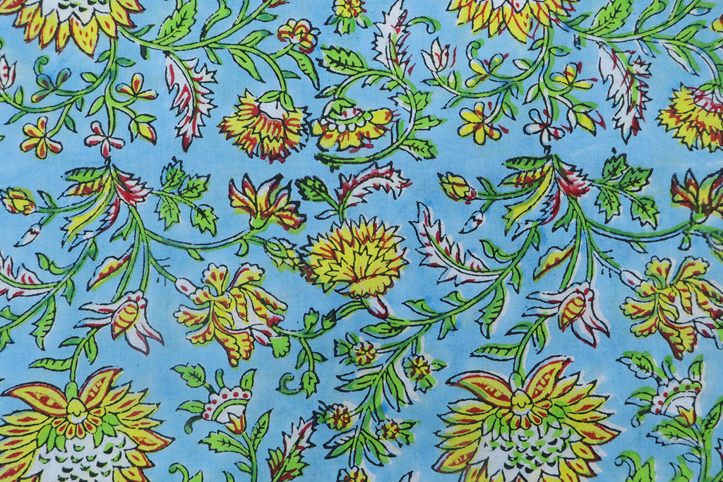 Blue and Yellow block print floral fabric, 100% linen fabric by the yard, pure cotton block print fabric by the meter