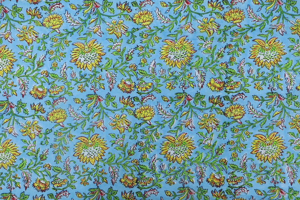 Blue and Yellow block print floral fabric, 100% linen fabric by the yard, pure cotton block print fabric by the meter