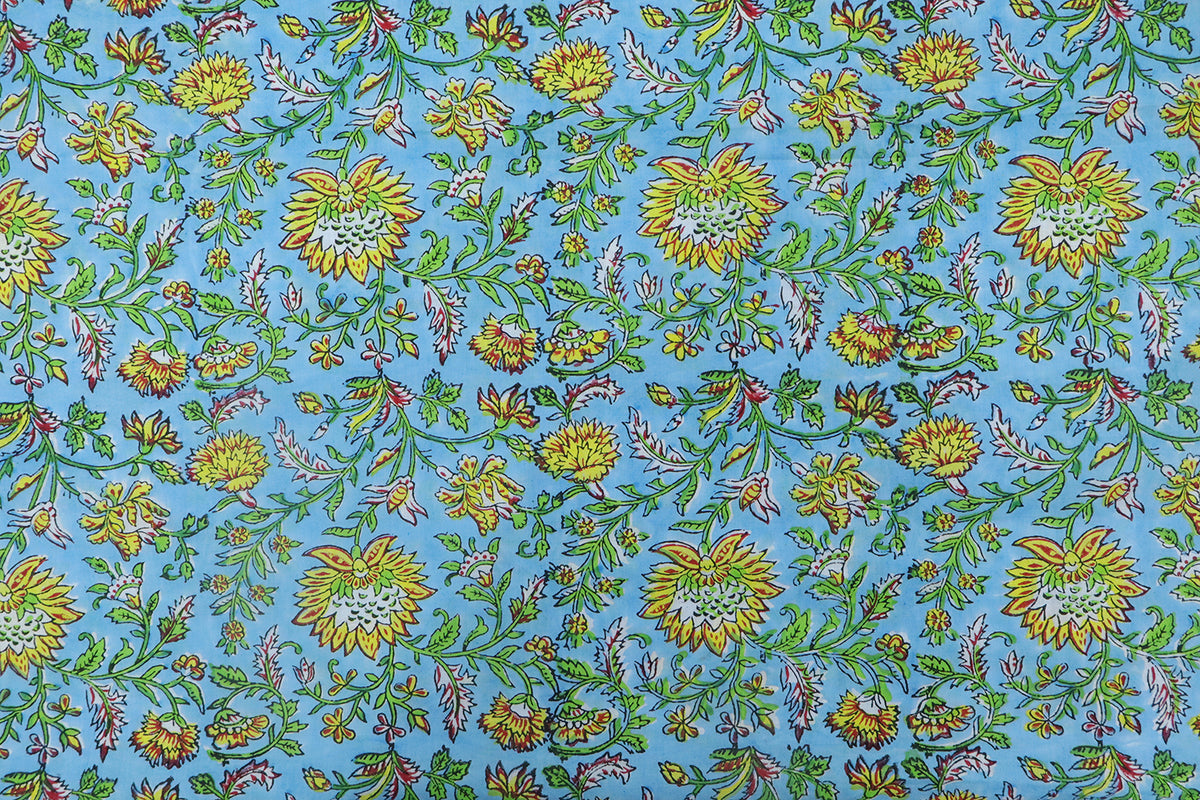 Blue and Yellow block print floral fabric, 100% linen fabric by the yard, pure cotton block print fabric by the meter