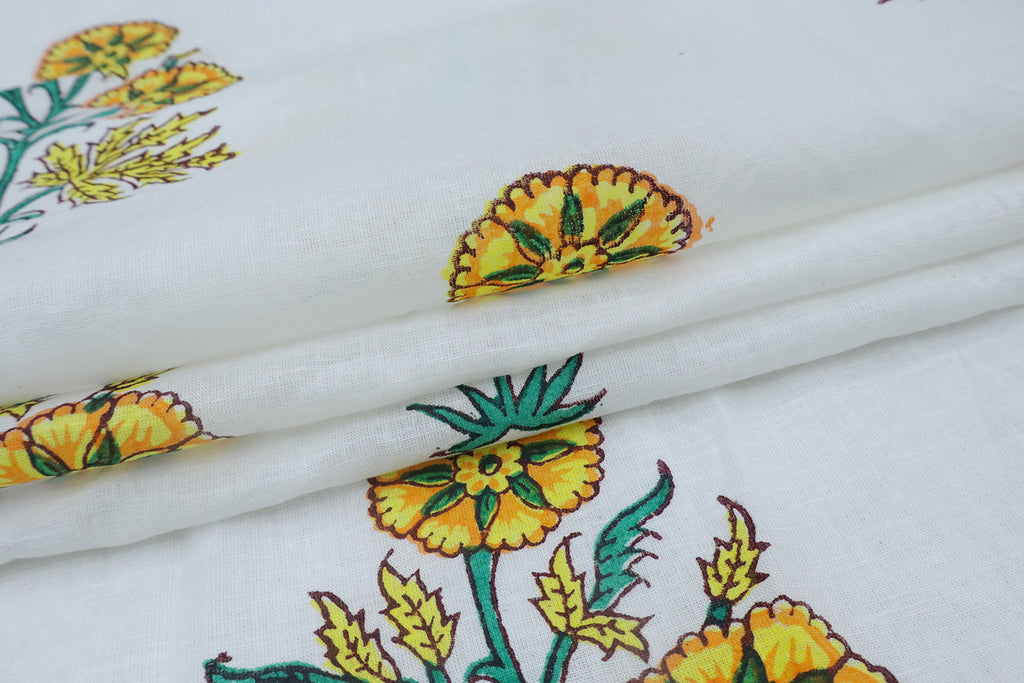 Yellow and White block print floral fabric, 100% linen fabric by the yard, pure cotton block print fabric by the meter