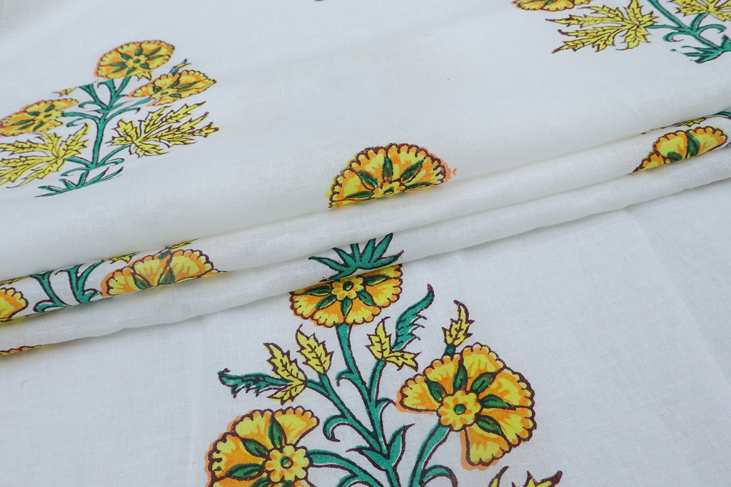 Yellow and White block print floral fabric, 100% linen fabric by the yard, pure cotton block print fabric by the meter