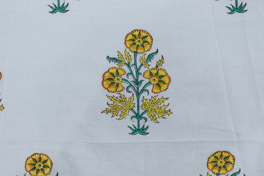 Yellow and White block print floral fabric, 100% linen fabric by the yard, pure cotton block print fabric by the meter