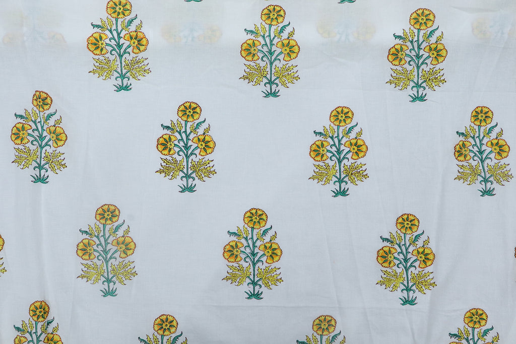 Yellow and White block print floral fabric, 100% linen fabric by the yard, pure cotton block print fabric by the meter