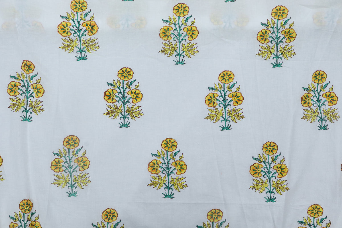 Yellow and White block print floral fabric, 100% linen fabric by the yard, pure cotton block print fabric by the meter
