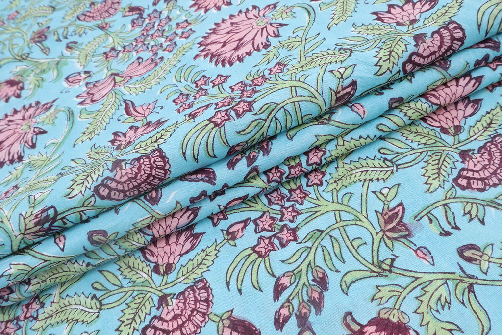 Blue and Pink block print floral fabric, 100% linen fabric by the yard, pure cotton block print fabric by the meter