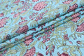Blue and Pink block print floral fabric, 100% linen fabric by the yard, pure cotton block print fabric by the meter