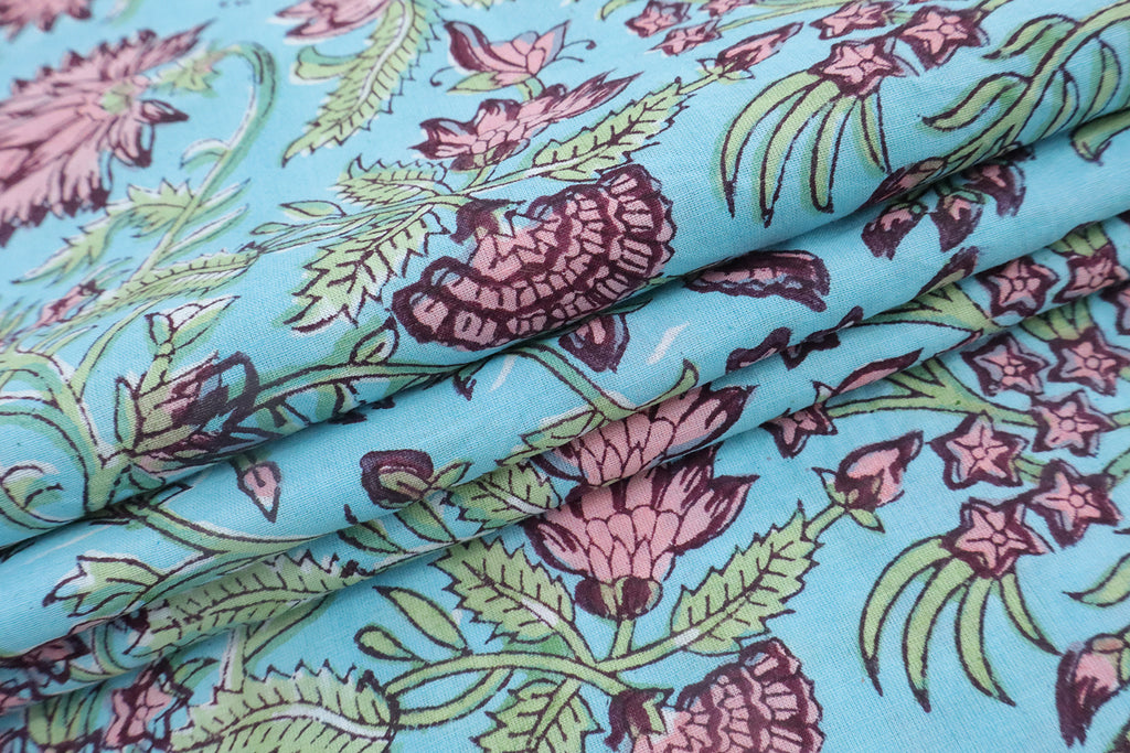 Blue and Pink block print floral fabric, 100% linen fabric by the yard, pure cotton block print fabric by the meter