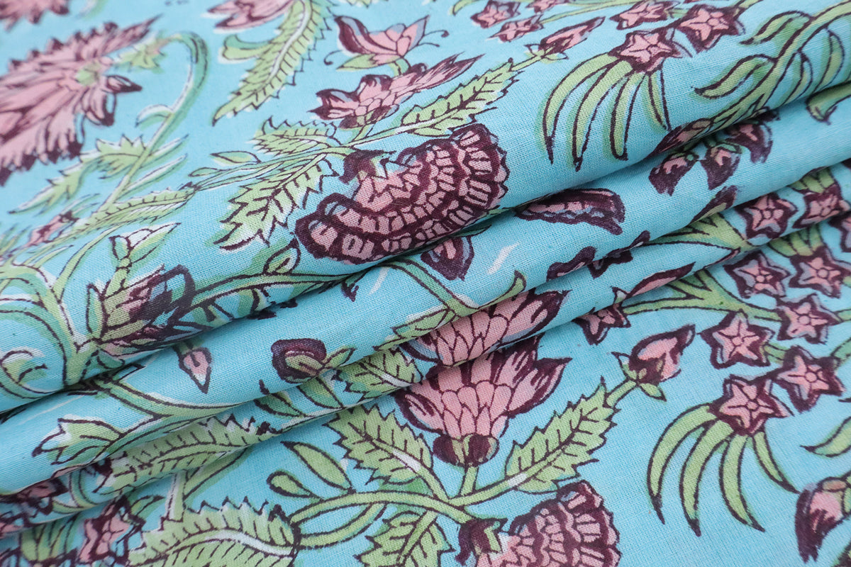 Blue and Pink block print floral fabric, 100% linen fabric by the yard, pure cotton block print fabric by the meter