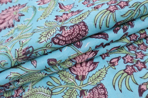 Blue and Pink block print floral fabric, 100% linen fabric by the yard, pure cotton block print fabric by the meter