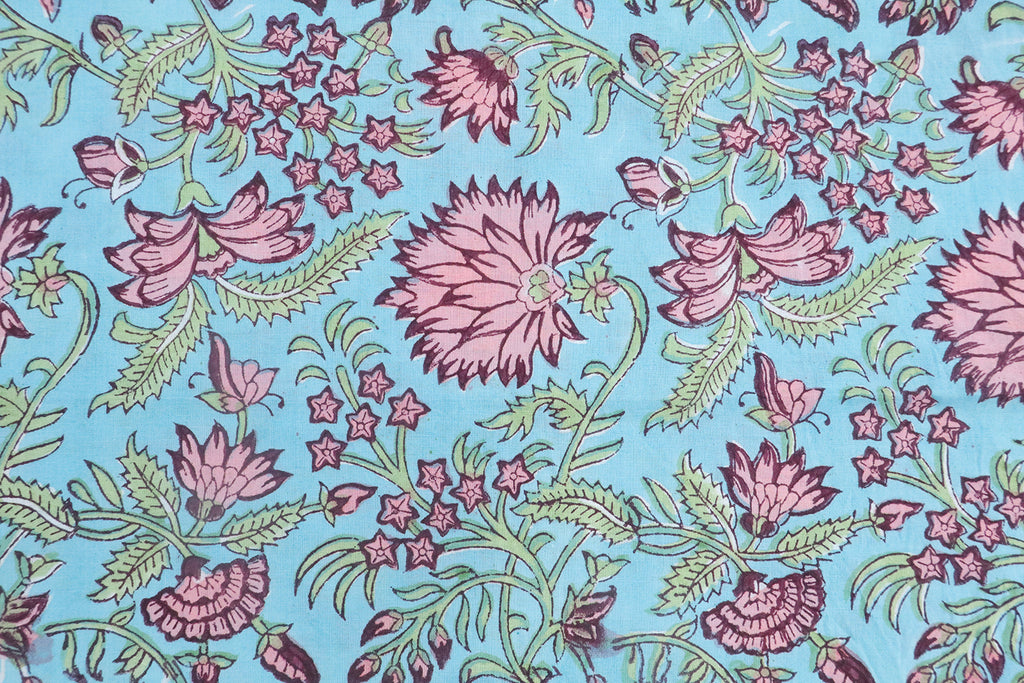 Blue and Pink block print floral fabric, 100% linen fabric by the yard, pure cotton block print fabric by the meter