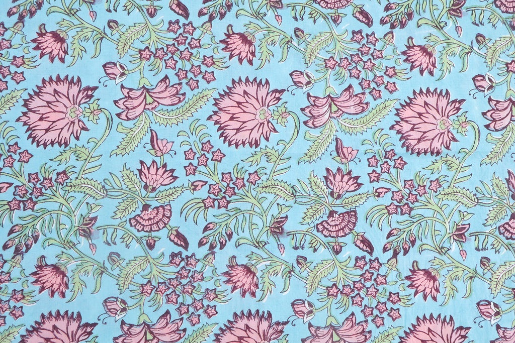 Blue and Pink block print floral fabric, 100% linen fabric by the yard, pure cotton block print fabric by the meter