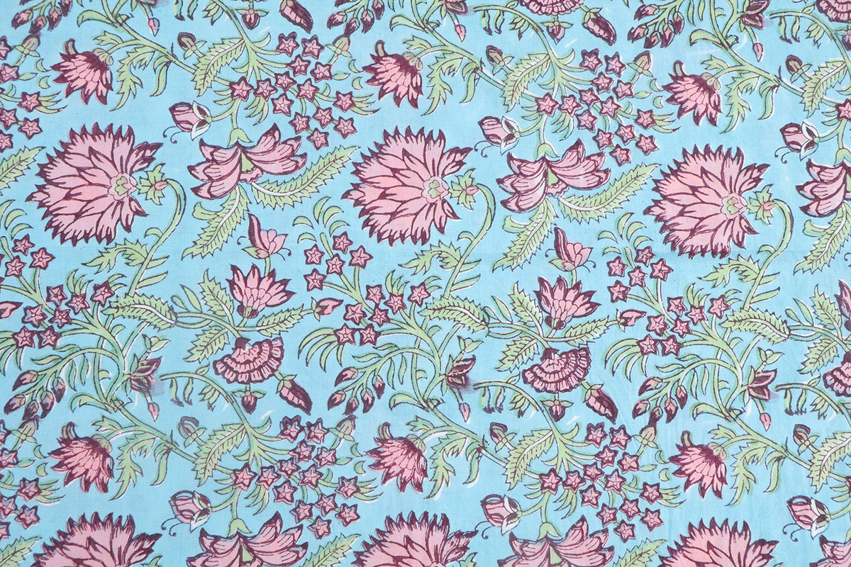 Blue and Pink block print floral fabric, 100% linen fabric by the yard, pure cotton block print fabric by the meter