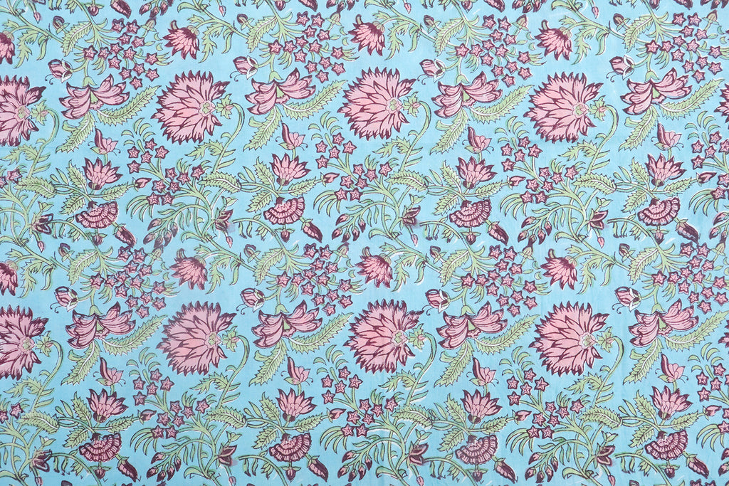 Blue and Pink block print floral fabric, 100% linen fabric by the yard, pure cotton block print fabric by the meter