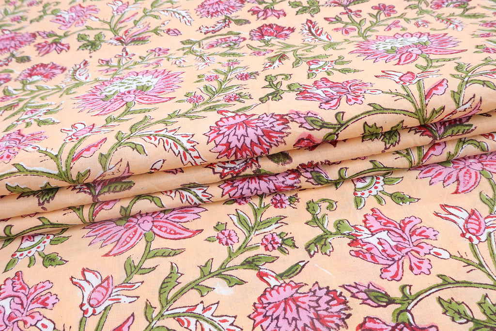 Orange and Pink block print floral fabric, 100% linen fabric by the yard, pure cotton block print fabric by the meter