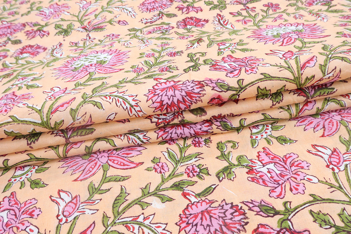 Orange and Pink block print floral fabric, 100% linen fabric by the yard, pure cotton block print fabric by the meter
