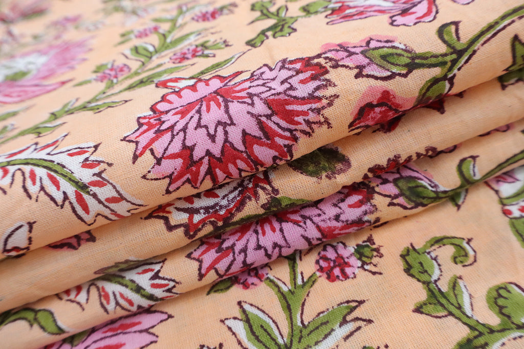 Orange and Pink block print floral fabric, 100% linen fabric by the yard, pure cotton block print fabric by the meter