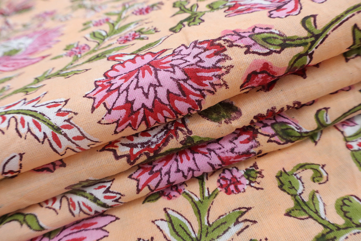 Orange and Pink block print floral fabric, 100% linen fabric by the yard, pure cotton block print fabric by the meter