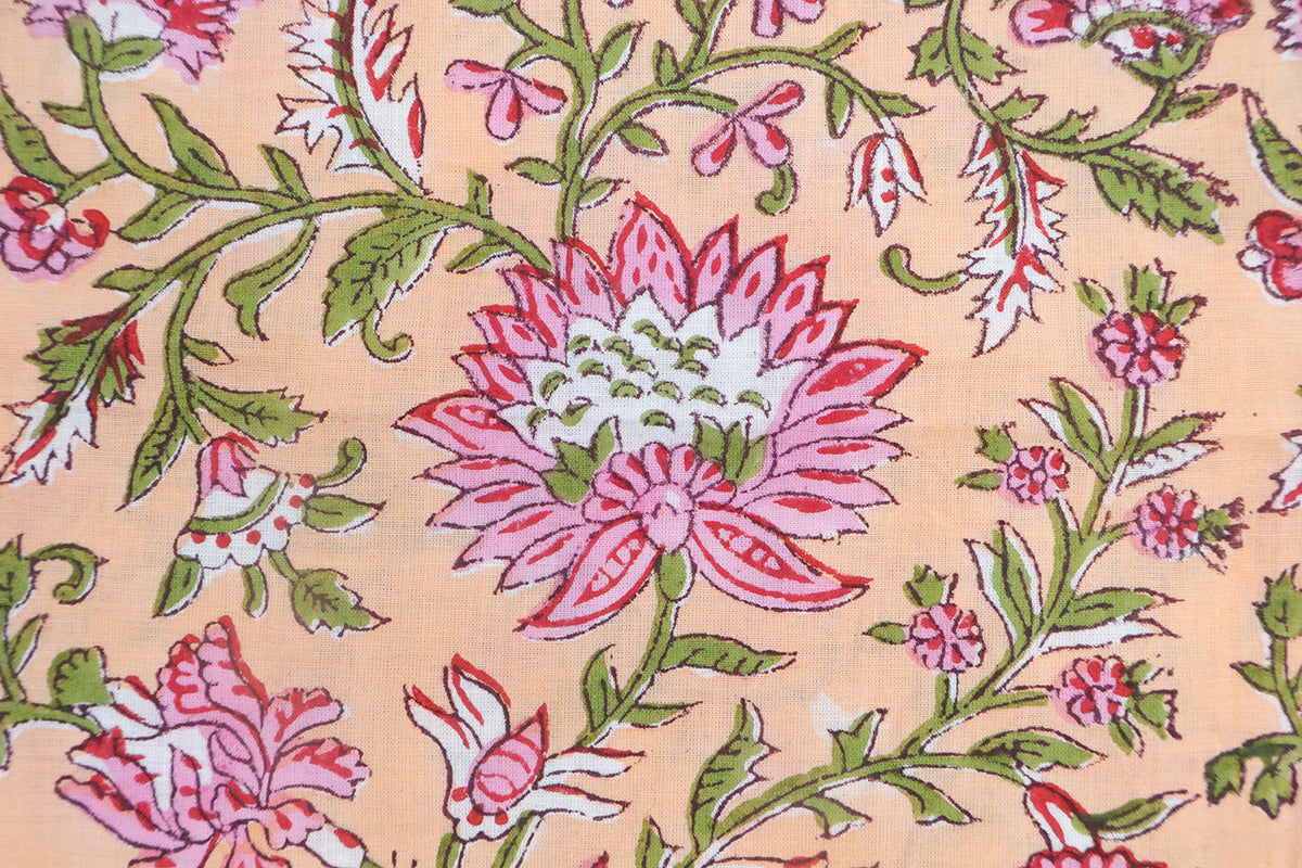 Orange and Pink block print floral fabric, 100% linen fabric by the yard, pure cotton block print fabric by the meter
