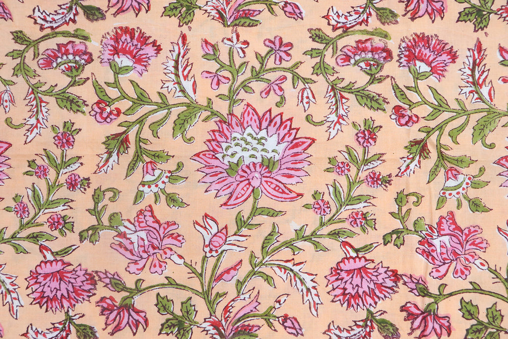 Orange and Pink block print floral fabric, 100% linen fabric by the yard, pure cotton block print fabric by the meter