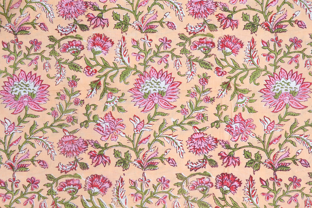 Orange and Pink block print floral fabric, 100% linen fabric by the yard, pure cotton block print fabric by the meter