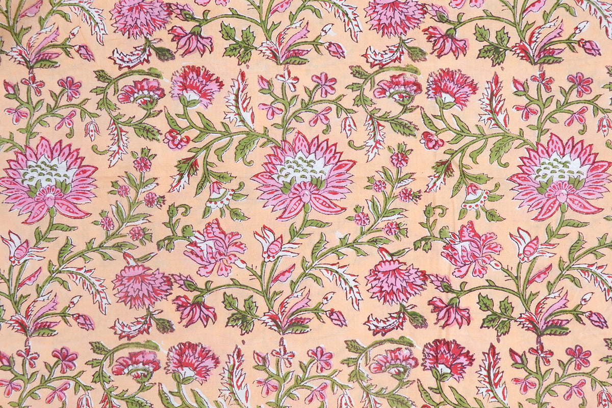 Orange and Pink block print floral fabric, 100% linen fabric by the yard, pure cotton block print fabric by the meter