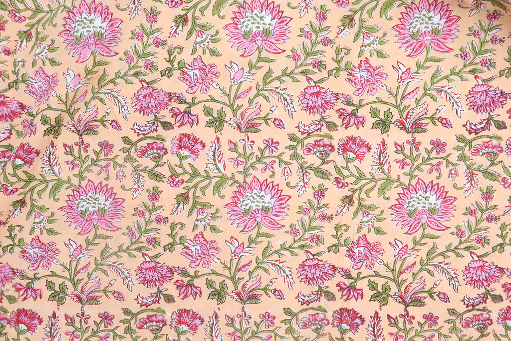 Orange and Pink block print floral fabric, 100% linen fabric by the yard, pure cotton block print fabric by the meter