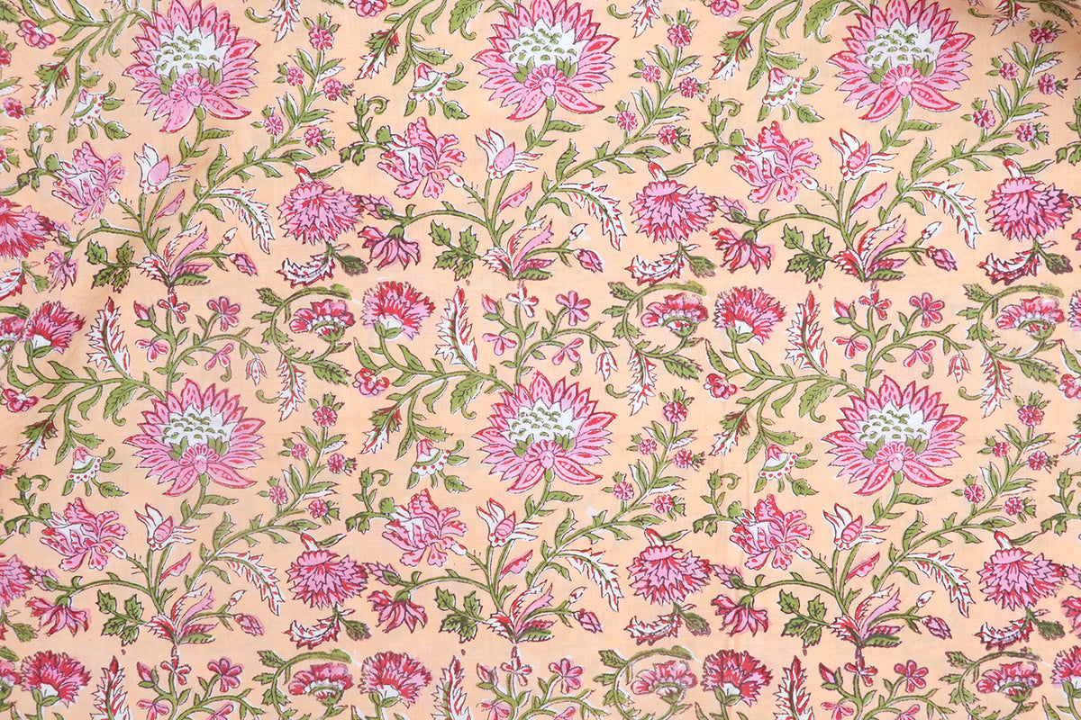 Orange and Pink block print floral fabric, 100% linen fabric by the yard, pure cotton block print fabric by the meter