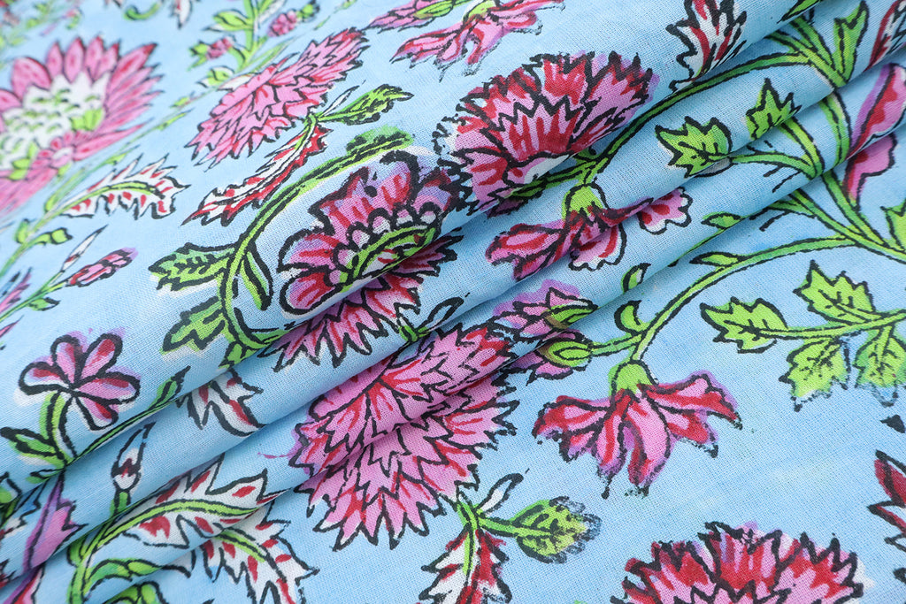 Pink and Blue block print floral fabric, 100% linen fabric by the yard, pure cotton block print fabric by the meter