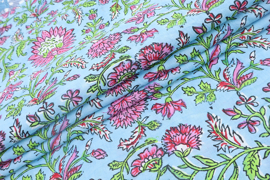 Pink and Blue block print floral fabric, 100% linen fabric by the yard, pure cotton block print fabric by the meter