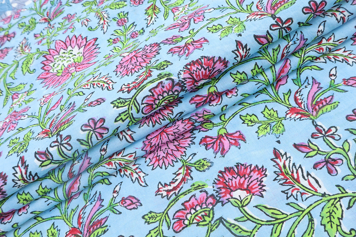 Pink and Blue block print floral fabric, 100% linen fabric by the yard, pure cotton block print fabric by the meter