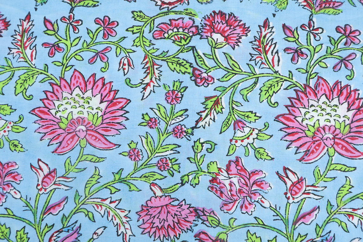 Pink and Blue block print floral fabric, 100% linen fabric by the yard, pure cotton block print fabric by the meter