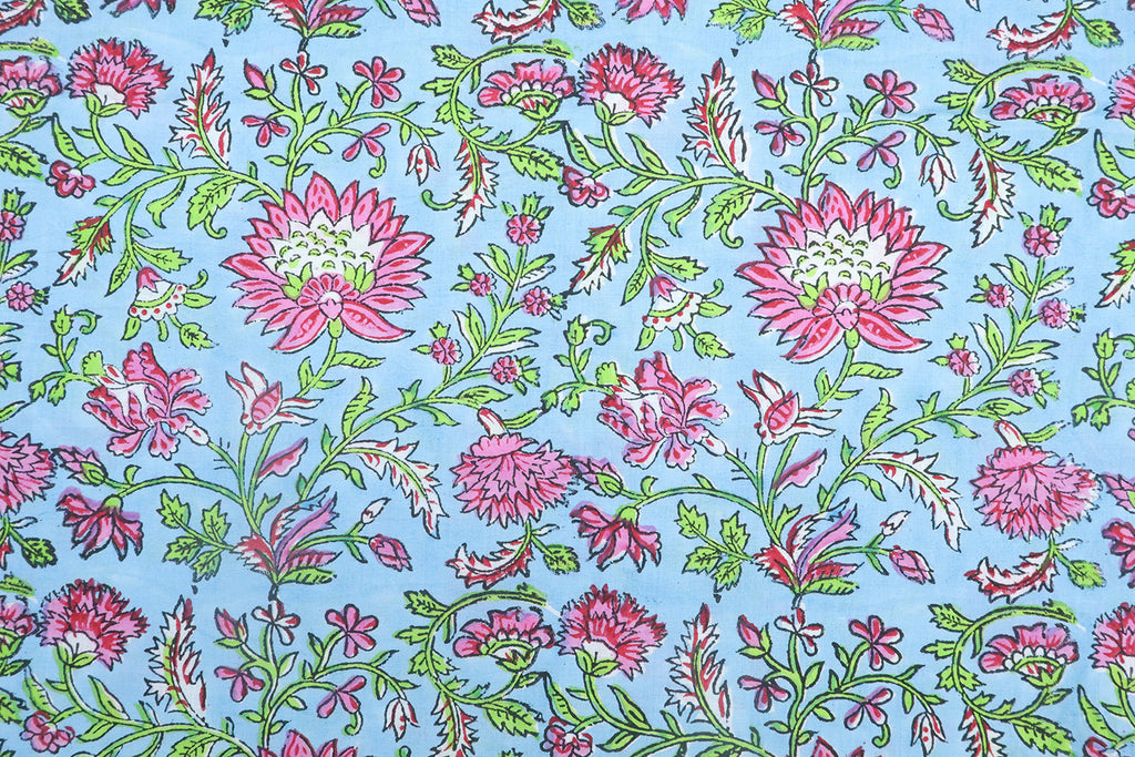 Pink and Blue block print floral fabric, 100% linen fabric by the yard, pure cotton block print fabric by the meter