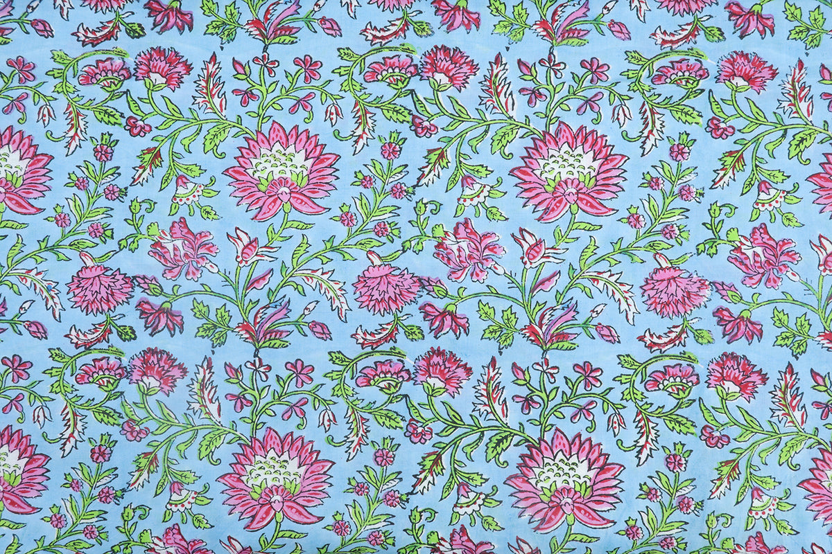 Pink and Blue block print floral fabric, 100% linen fabric by the yard, pure cotton block print fabric by the meter
