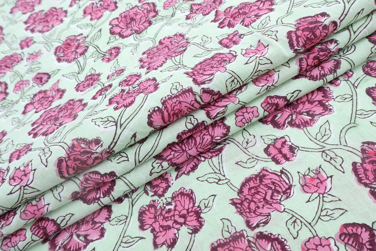 Pink & Green Floral Block Print Linen Fabric: Indian Mughal Design