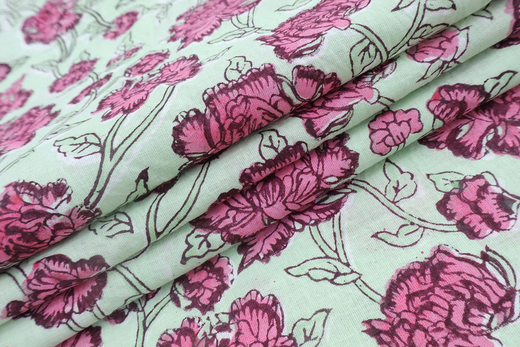 Pink & Green Floral Block Print Linen Fabric: Indian Mughal Design