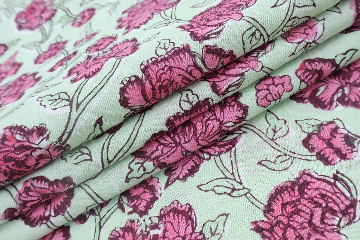 Pink & Green Floral Block Print Linen Fabric: Indian Mughal Design
