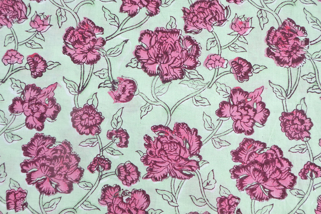 Pink & Green Floral Block Print Linen Fabric: Indian Mughal Design