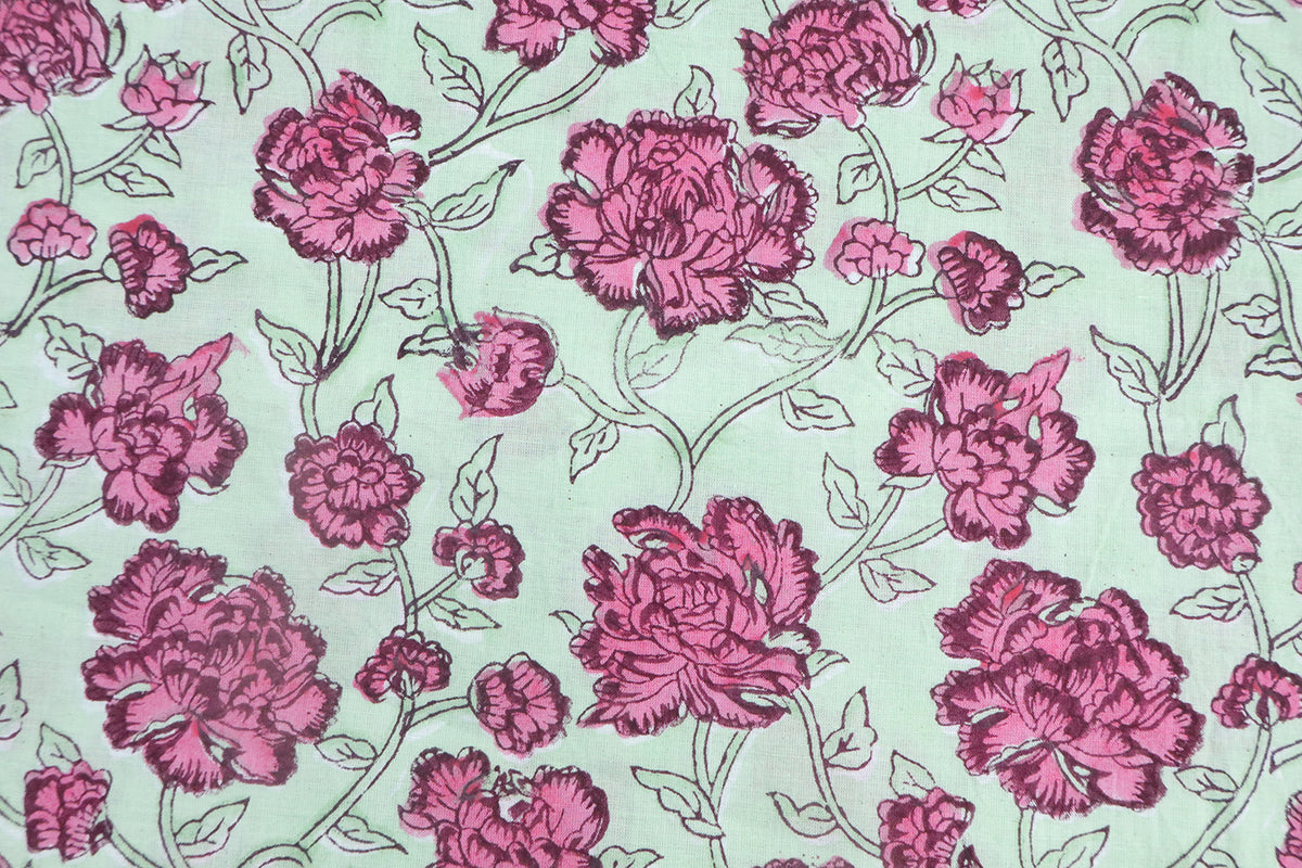 Pink & Green Floral Block Print Linen Fabric: Indian Mughal Design