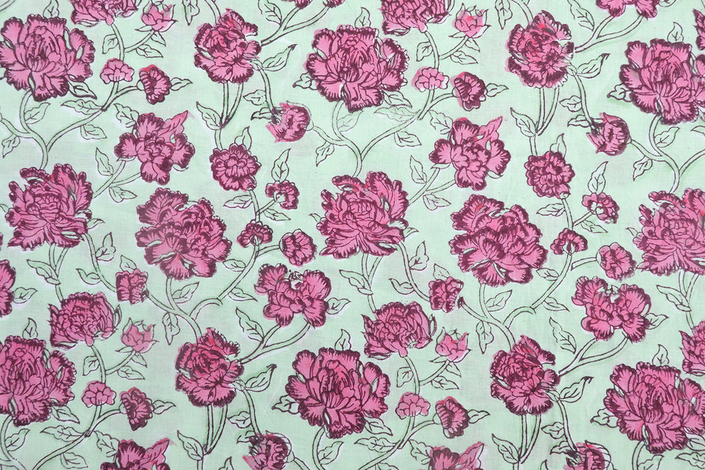 Pink & Green Floral Block Print Linen Fabric: Indian Mughal Design