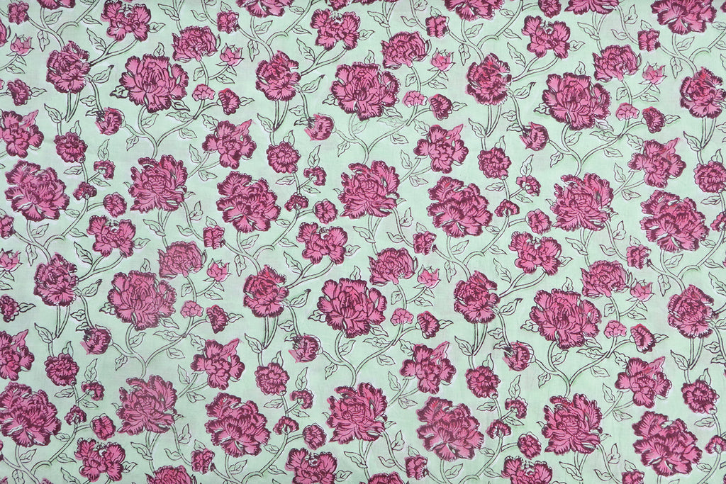 Pink & Green Floral Block Print Linen Fabric: Indian Mughal Design