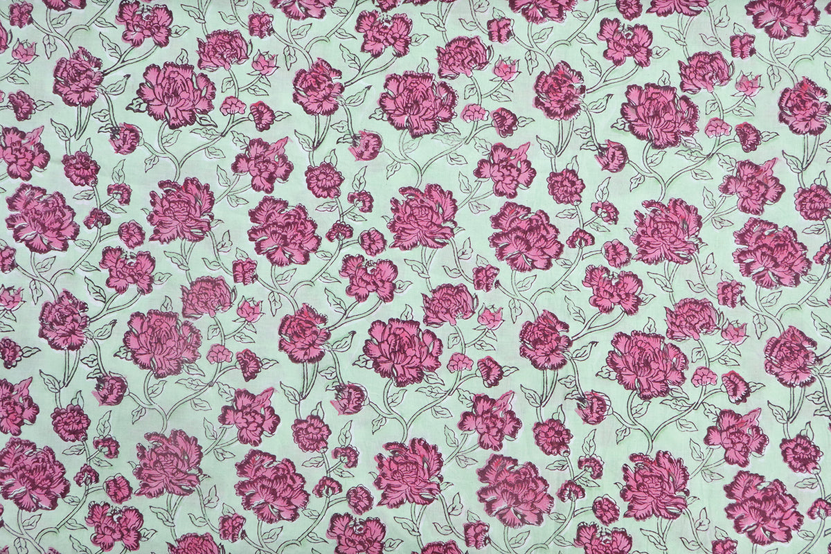 Pink & Green Floral Block Print Linen Fabric: Indian Mughal Design