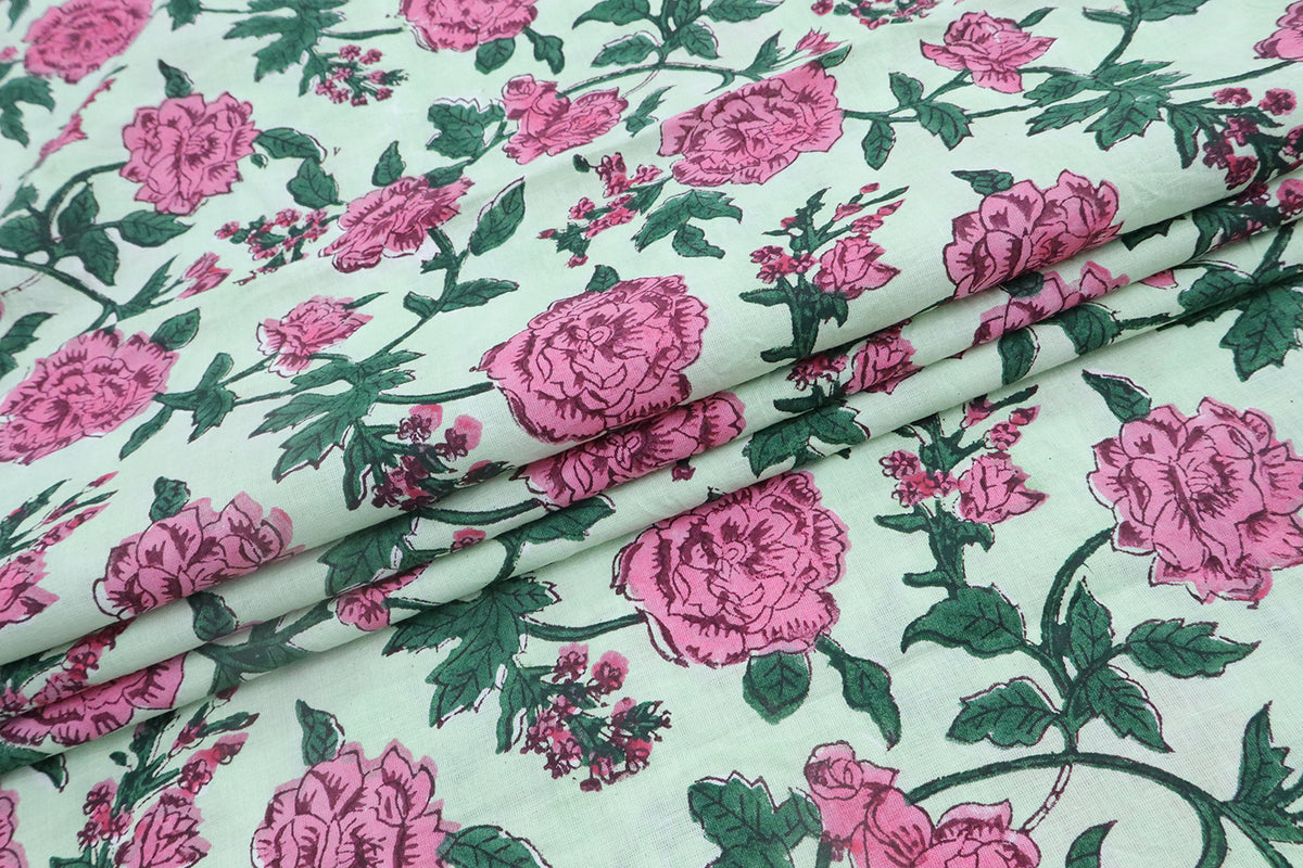 Mughal Floral Block Print Fabric: Pink, White & Green Linen Cotton Blend