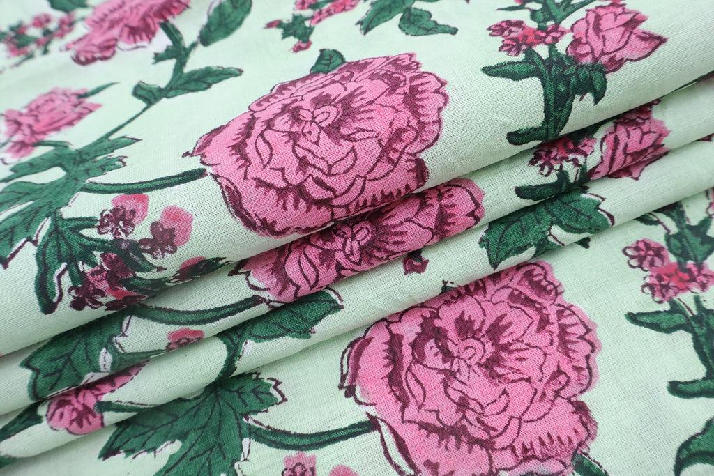 Mughal Floral Block Print Fabric: Pink, White & Green Linen Cotton Blend